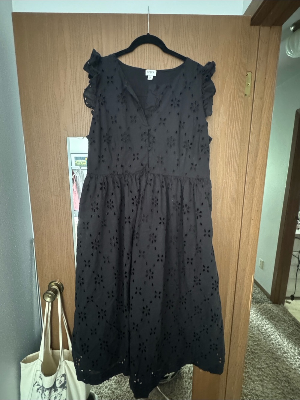 J. Crew Factory Black Eyelet Midi Dress with Ruffle Sleeves